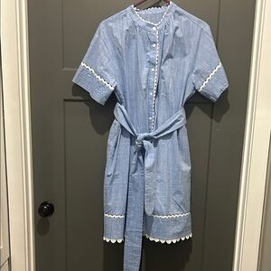 Light Blue Button-Up Tie-Waist Dress with Scallop Trim